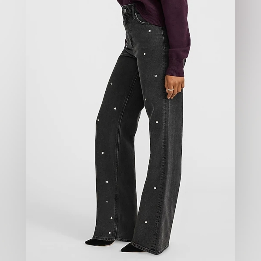 Express High Waisted Black Wash Silver Studded Relaxed Straight Jeans - Size 4L - Picture 2 of 10